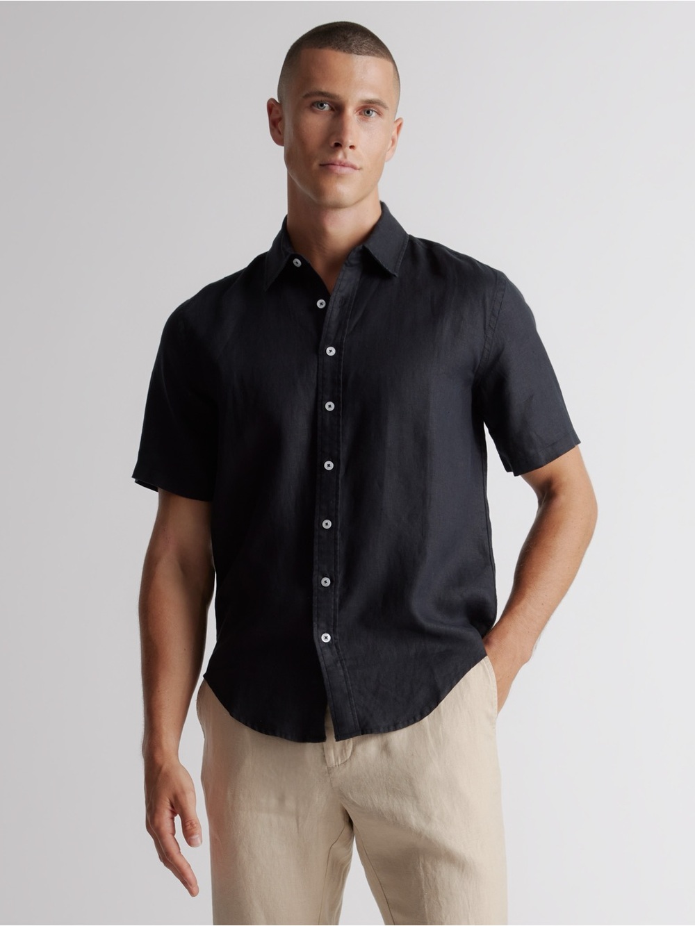 NWOT Quince 100% European Linen Relaxed Short Sleeve Button Down Shirt XL Black